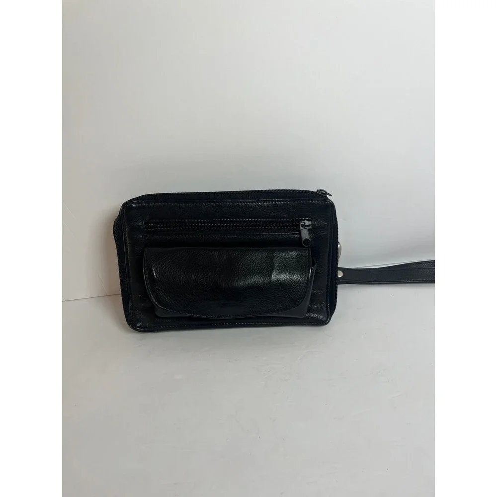 Black Leather Wristlet Clutch‎ Wallet Organizer Bag Purse Travel Small